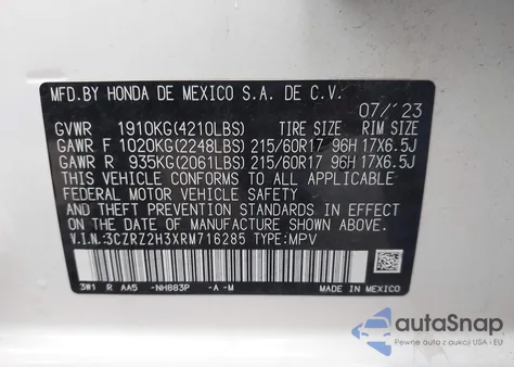 2024 Honda Hr-V Awd Lx from USA, damaged, VIN 3CZRZ2H3XRM716285